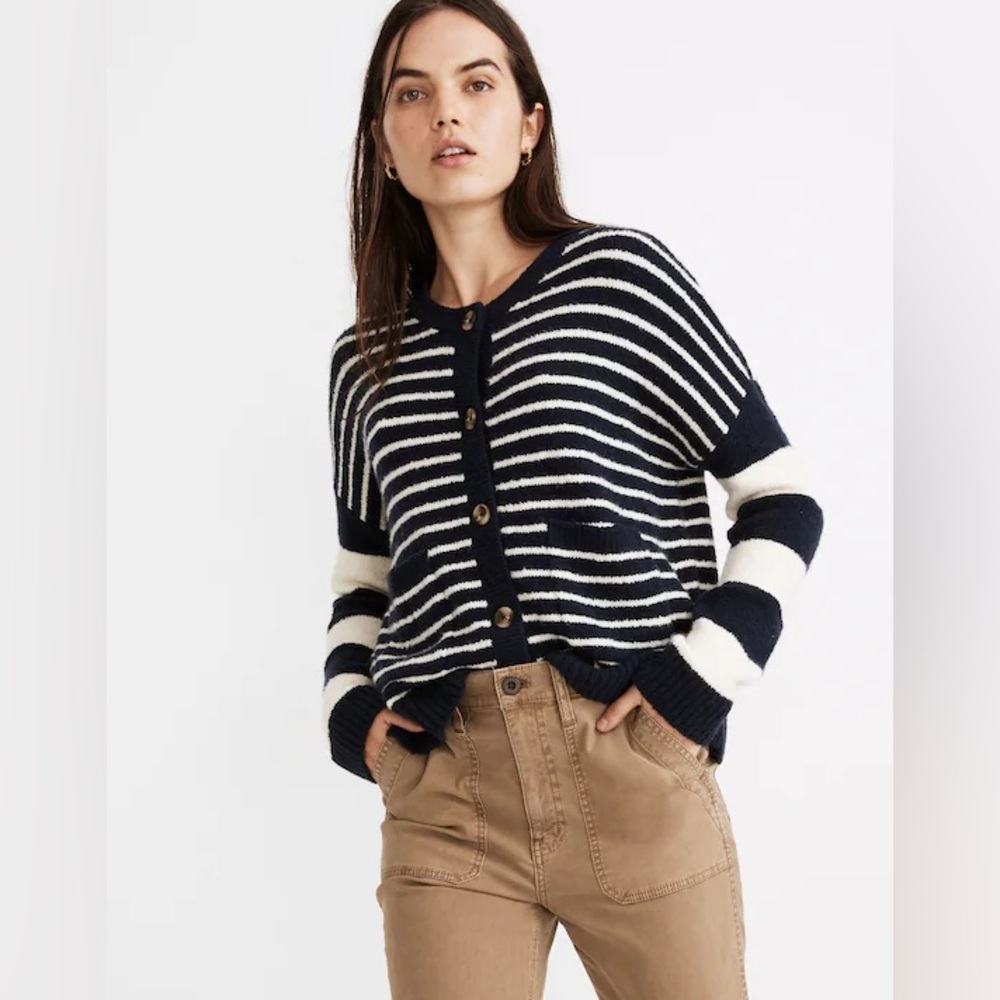 Madewell Navy and Cream Striped Cardigan